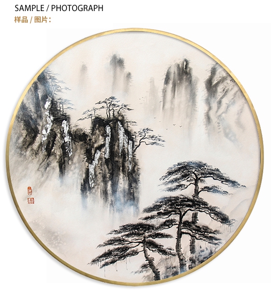 新中式客厅装饰画书房原创纯手绘山水画卧室不锈钢金属圆框挂画 迎客