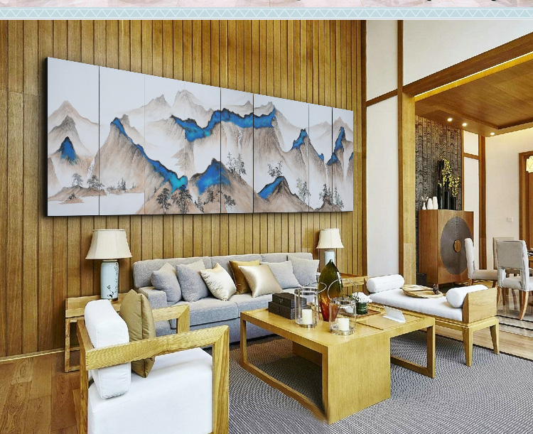 新中式会议室酒店山水风景壁画 大型高端定制巨幅手绘装饰画 南山
