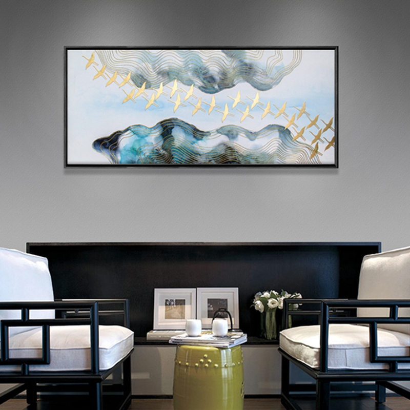 新中式客厅装饰画 餐厅原创纯手绘金线画 卧室环保PS框挂画 迁徙