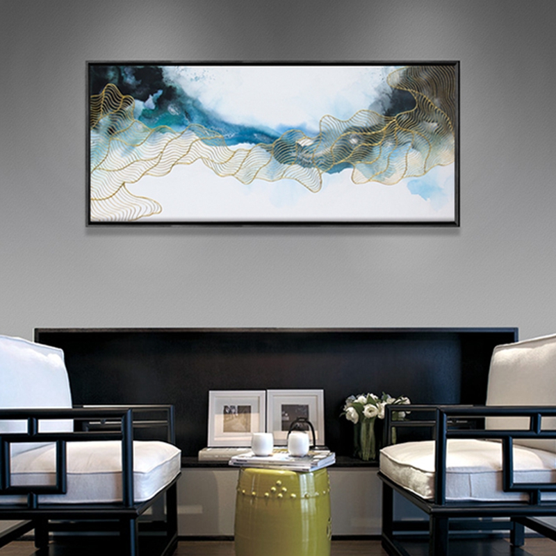 新中式客厅装饰画 餐厅原创纯手绘金线画 卧室环保PS框挂画 蓝色水韵
