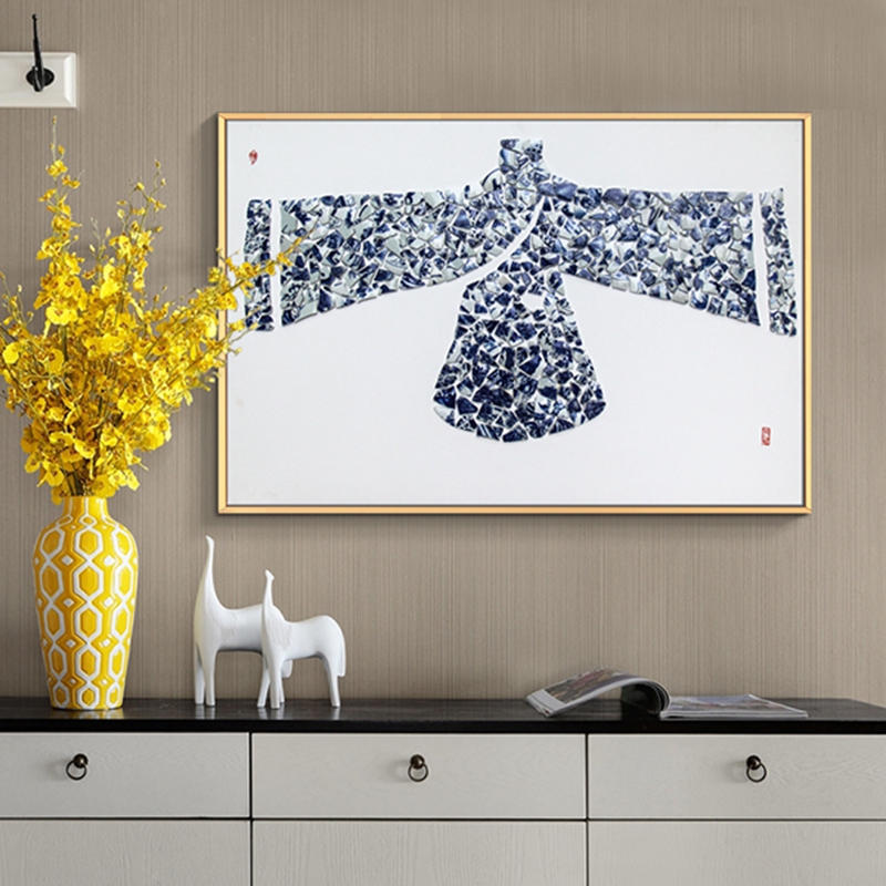 新中式客厅装饰画 餐厅原创纯手绘青瓷画 卧室铝合金框挂画 布衣