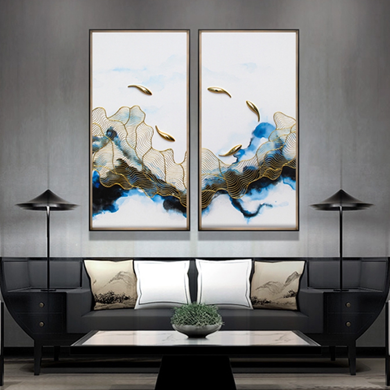 新中式客厅装饰画 餐厅原创纯手绘金线画 玄关环保PS框实物画 鱼水情