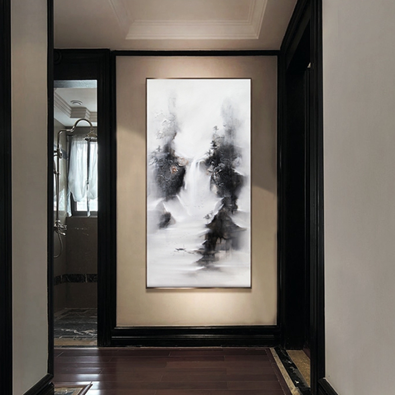 新中式客厅装饰画 书房原创纯手绘山水画 玄关环保PS框挂画 雾中舟