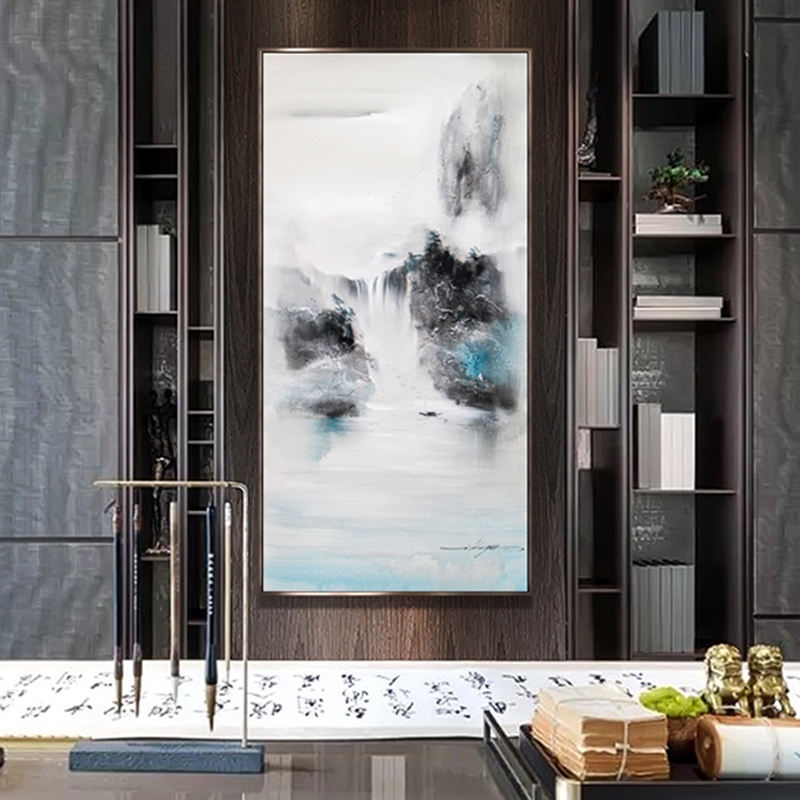 新中式客厅装饰画 书房原创纯手绘山水画 餐厅环保PS框挂画 远山瀑布